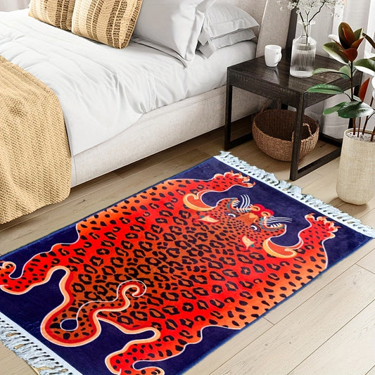 Tapis tigre coloré, design vintage des années 80, lavable et chaleureux pour une déco moderne.